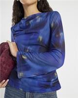 River Island Womens Top Blue Long Sleeve Swirl Print Cowl Neck Button Blouse - S Regular