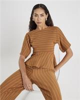 River Island Womens Top Beige Pinstripe Peplum Hem Long Sleeve Round Neck Blouse - L Regular