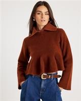 River Island Womens Jumper Orange Knit Collared Peplum Sweater Pullover Top - M Regular