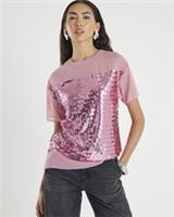 River Island Womens Top Pink Short Sleeve Sequin Crew Neck Back Button Blouse - S Regular
