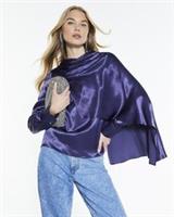 River Island Womens Blouse Blue Satin Ruched Cape Detail Cowl Neck Button Top - 6 Regular