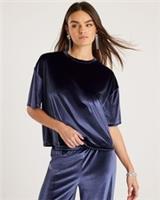 River Island Womens T-Shirt Navy Velvet Short Sleeve Boxy Crew Neck Tee Top - S Regular