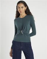 River Island Womens Top Green Long Sleeve Wrap Detail Round Neck Blouse - M Regular