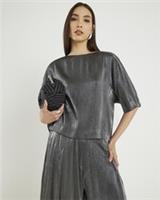 River Island Womens Top Black Short Sleeve Metallic Tailored Round Neck Blouse - 8 Regular