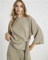 River Island Womens Top Khaki Cosy Ribbed Knot Side Short Sleeve Crew Blouse - L Regular