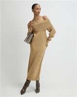 River Island Womens Bardot Midi Dress Brown Knitted Long Sleeve Casual - L Regular
