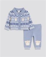 River Island Baby Boys Cardigan & Bottoms Set Blue Bear Fairisle 2 Piece