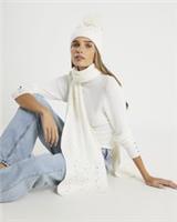 River Island Womens Hat & Scarf Set Cream Diamante 2 Piece Pom Pom Cable Knit