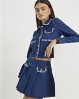 River Island Womens Jacket Blue Denim Long Sleeve Boucle Trim Outerwear Top - 12 Regular