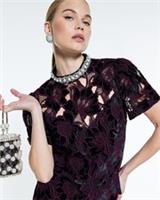 River Island Womens Top Red Velvet Lace Embellish Short Sleeve High Neck Blouse - 8 Regular