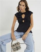 River Island Womens Top Black Plunge Neckline Bow Detail Cap Sleeve Blouse - S Regular