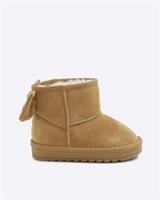 River Island Mini Girls Boots Beige Faux Suede Bow Style Round Toe Slip On Shoes