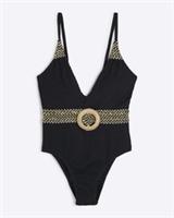 River Island Womens Swimsuit Petite Black Texture Plunge Neck Swimwear Beachwear - 8 Petites