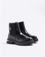 River Island Girls Chelsea Boots Black Heart Strap Side Zip Round Toe Shoes