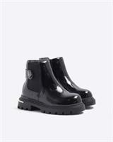 River Island Mini Girls Chelsea Boots Black Heart Strap Side Zip Round Toe Shoes