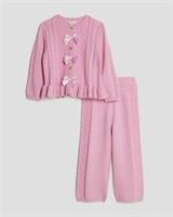 River Island Mini Girls Jumper & Bottoms Set Pink Bow 2 Piece Buttoned Outfit