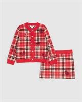 River Island Mini Girls Cardigan & Skirt Set Red Tartan 2 Piece Graphic Outfit