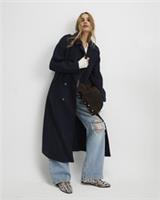 River Island Womens Trench Coat Navy Double Breasted Belted Button Outerwear Top - L Regular