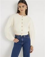 River Island Womens Cardigan Cream Knitted Structured Sleeve Buttoned Jumper Top - M Regular