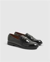 River Island Womens Loafers Black Patent Gold Trim Flat Slip On Round Toe Shoes