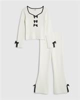 River Island Girls Top & Leggings Set Cream Bow 2 Piece Ribbed Bow Detail Outfit