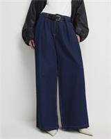 River Island Womens Wide Leg Jeans Petite Blue Belted Pleated Trousers Pants - 6 Extra Short Petites