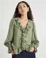 River Island Womens Blouse Khaki Long Sleeve Ruffle Detail V-Neck Casual Top - 12 Regular