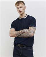 River Island Mens Polo Shirt Navy Slim Fit Check Collar Quarter Zipped Top - M Regular