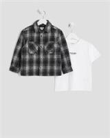 River Island Mini Boys Shacket & T-Shirt Set Black Check 2 Piece Collared Outfit