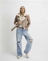 River Island Womens Aviator Jacket Brown Belted Cropped Collared Outerwear Top - 6 Regular