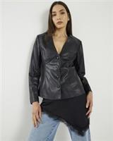 River Island Womens Top Black Faux Leather Fitted V-Neck Long Sleeve Blouse - 6 Regular
