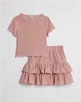 River Island Girls T-Shirt & Skirt Set Pink Textured Rara 2 Piece Short Sleeve