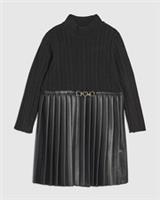 River Island Mini Girls Dress Black Faux Leather Pleated High Neck Long Sleeve