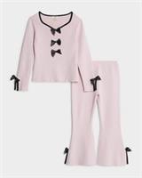 River Island Mini Girls Top & Trousers Set Pink Bow 2 Piece Ribbed Long Sleeve