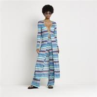 River Island Womens Kaftan Blue Stripe Longline Knit Knitted Tie Cover Up - XS Regular