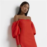 River Island Womens Mini Dress Petite Red Bardot Long Puff Sleeve Zip Back - 6 Petites