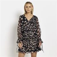 River Island Womens Mini Dress Petite Black Chiffon Star Belt Long Sleeve V-Neck - 10 Petites