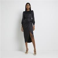 River Island Womens Wrap Midi Dress Black Satin Long Sleeve Round Neck - 6 Regular