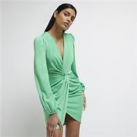 River Island Womens Bodycon Mini Dress Green Twist Front Long Sleeve V-Neck - 8 Regular