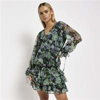 River Island Womens Mini Dress Petite Black Chiffon Floral Belted Long Sleeve - 6 Petites