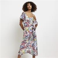 River Island Womens Wrap Midi Dress White Printed Short Sleeve Tie Waist - 6 Regular