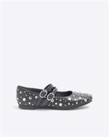 River Island Girls Ballet Pumps Black Faux Leather Stud Straps Round Toe Shoes