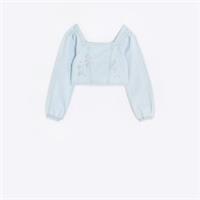 River Island Girls Blouse Blue Embellished Denim Corset Long Sleeve Top - 15-16 Years Regular