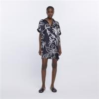 River Island Womens Mini Shirt Dress White Floral Short Sleeve Collared V-Neck - S Regular