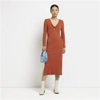 River Island Womens Bodycon Midi Dress Orange Ribbed Fabric V-Neck Long Sleeve - 12 Regular