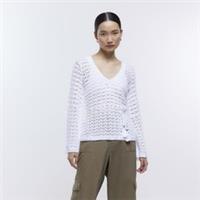 River Island Womens Top White Crochet Belted Long Sleeve V-Neck Blouse - 6 Regular