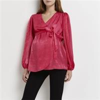 River Island Womens Wrap Blouse Maternity Pink Satin V-Neck Long Sleeve Tie - 12 Maternity