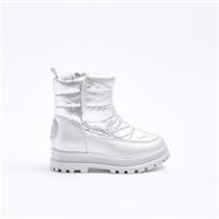 River Island Mini Girls Padded Boots Silver Nylon Hook & Loop Side Zip Shoes