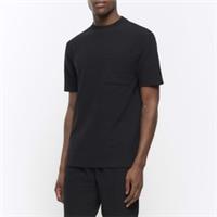 River Island Mens T-Shirt Black Regular Textured Pocket Short Sleeve Crew Tee - XS Regular