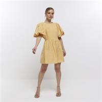 River Island Womens T-Shirt Mini Dress Petite Yellow Puff Sleeve Crew Neck - 8 Petites